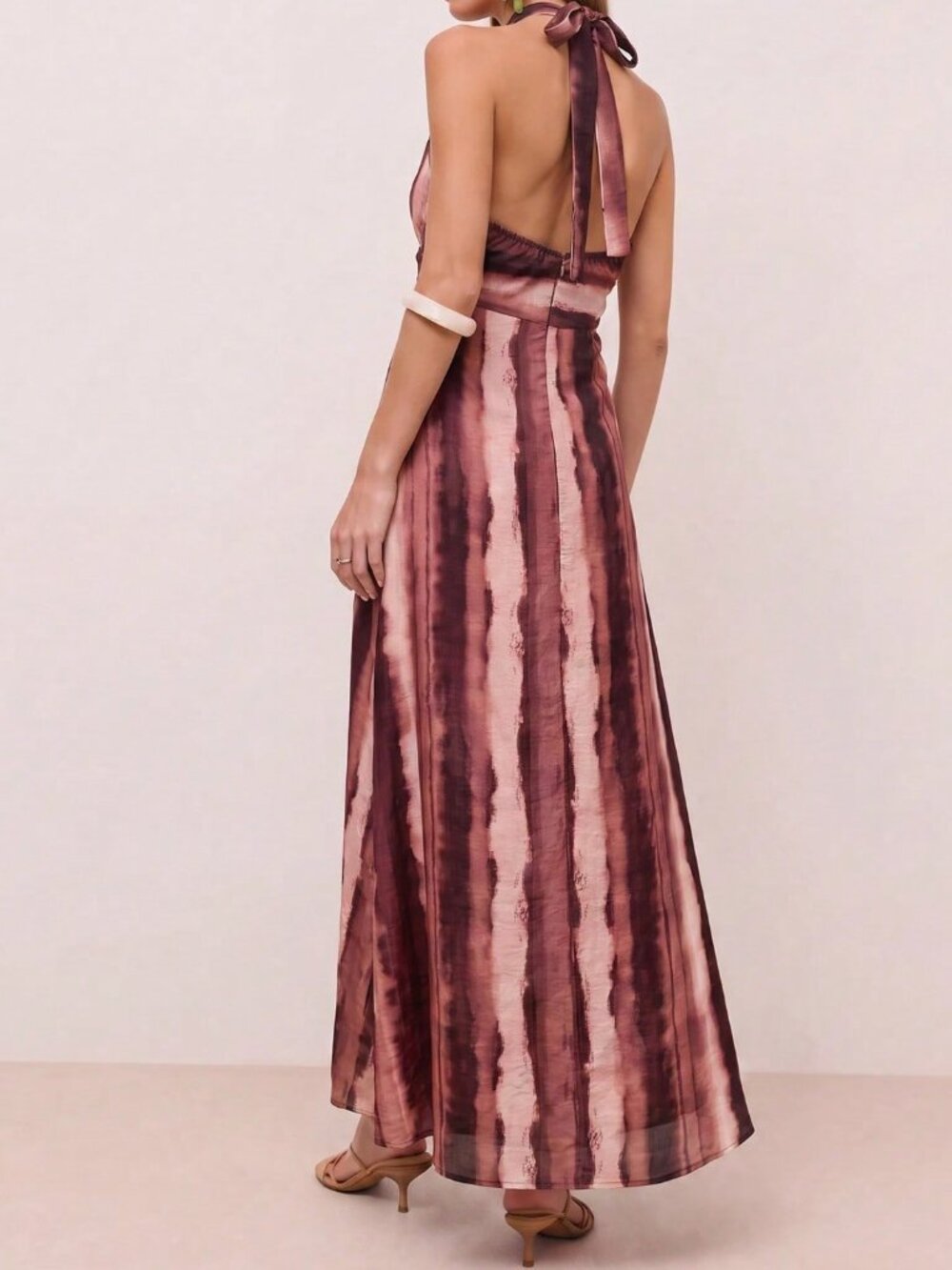 Burgundy Sexy Women's Backless Knot Split Thigh Halter A-Line Midi Dress - Picture 2 of 7